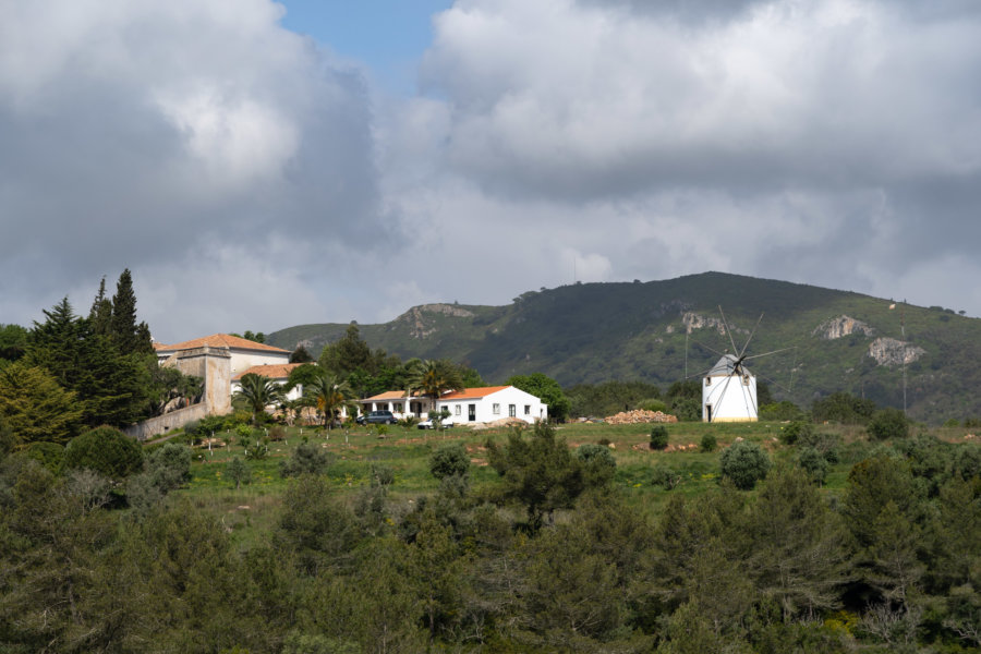 Vue sur des collines aux moulins depuis le château de Setubal