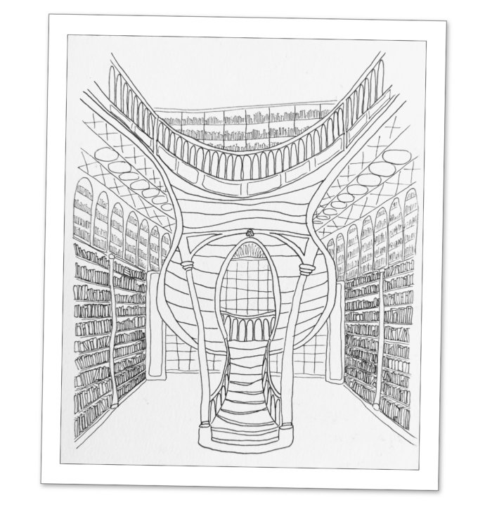 Dessin : intérieur de la librairie Lello à Porto