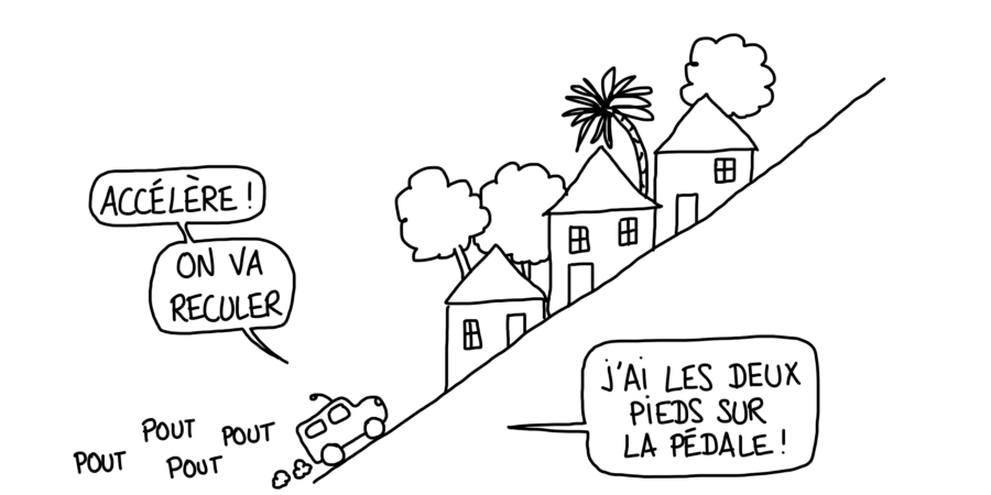 Dessin : petite voiture à Madère dans les montées