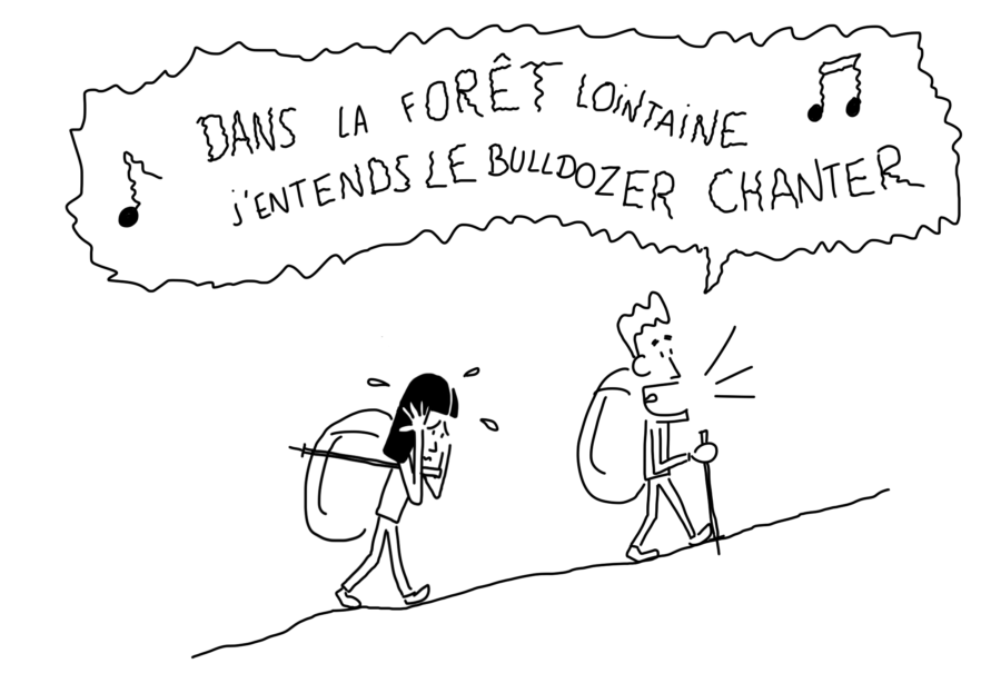 Dessin : mi-raison qui chante en randonnée