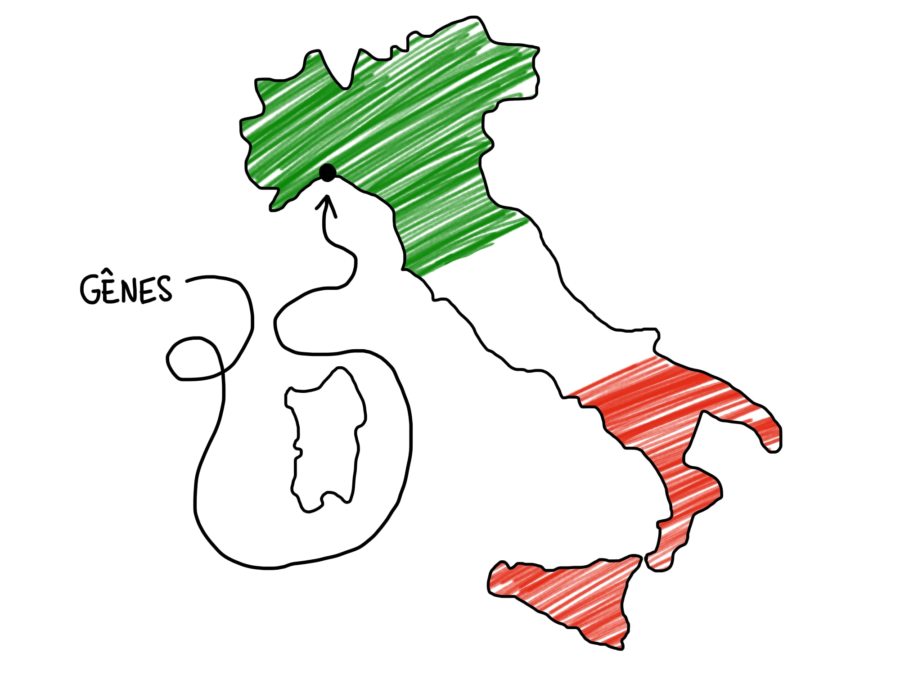 Dessin : Gênes sur une carte de l'Italie
