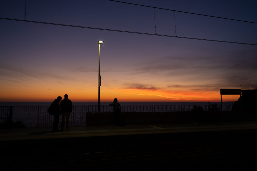 Coucher de soleil à la gare de Riomaggiore, Ligurie