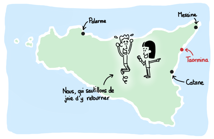 Dessin : carte de la Sicile avec la position de Taormina