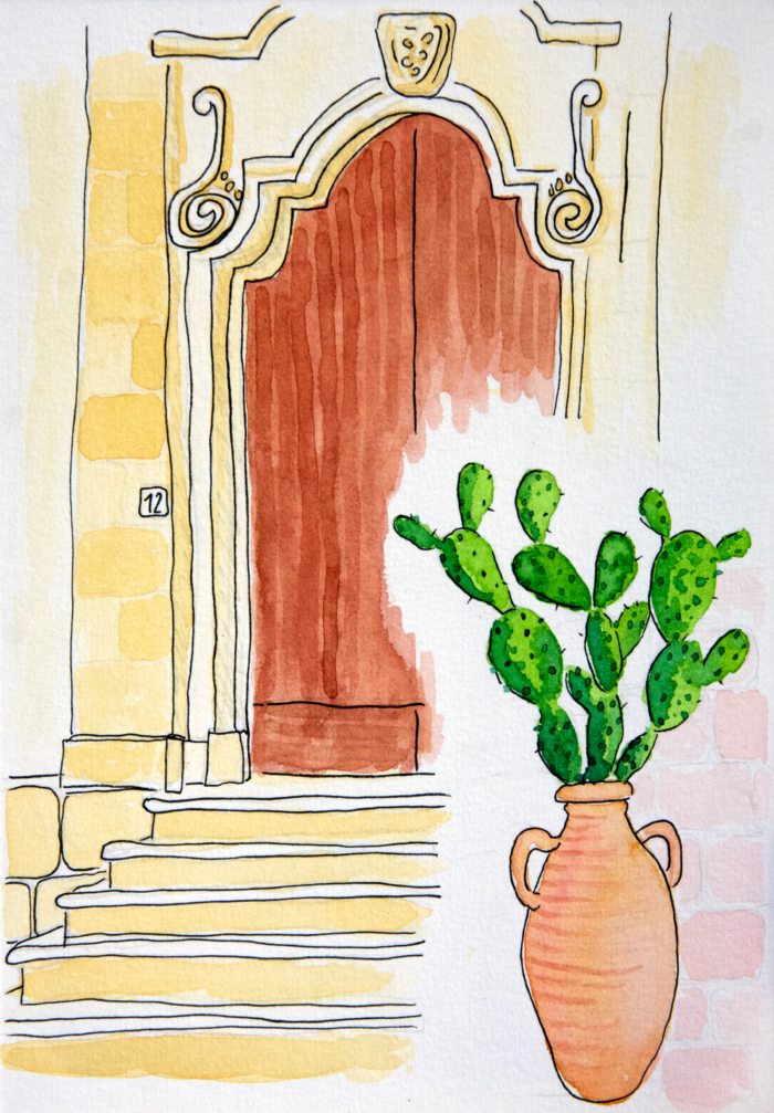 Aquarelle d'un porche d'église et un pot de cactus