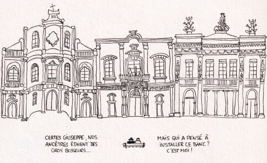 Dessin : deux vieillards sur un banc face à des monuments baroques de Noto