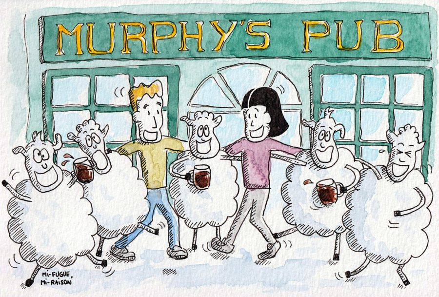 Dessin de nous qui faisons la fête devant un pub avec des moutons
