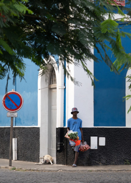 Vendeur de fleurs et maison bleue à Mindelo