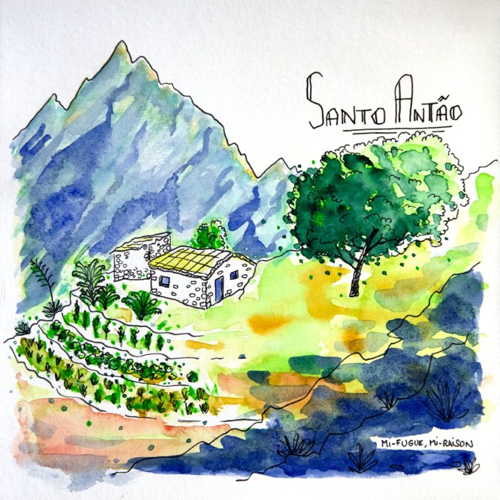 Aquarelle paysages de Santo Antao croisés en randonnée