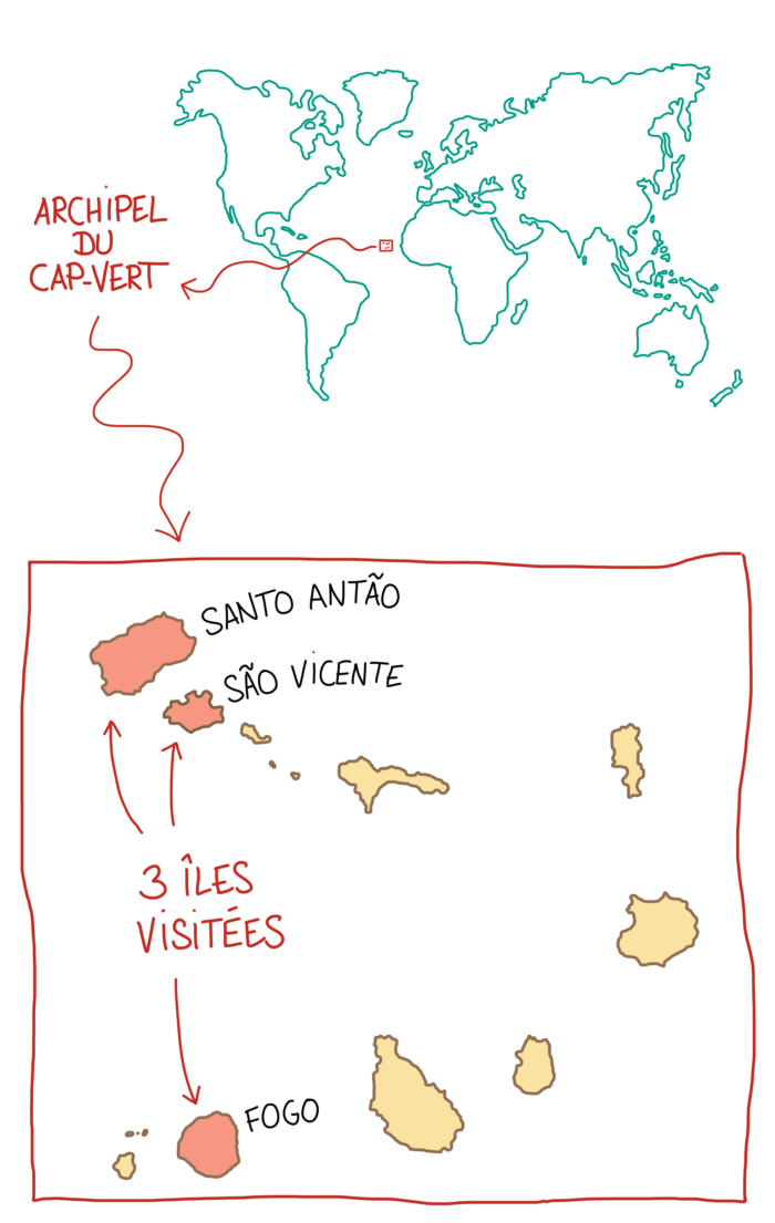 Carte du Cap-Vert dans le monde et zoom sur l'archipel