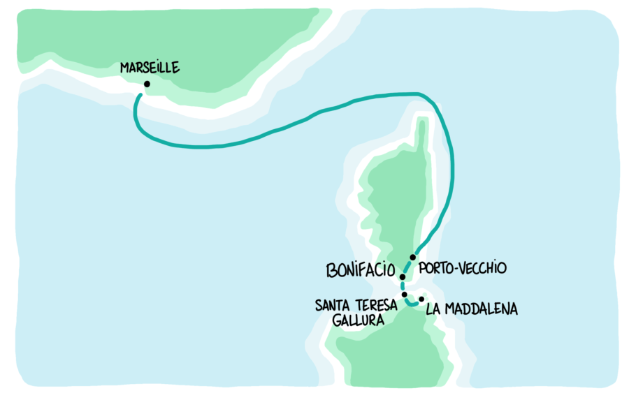 Carte de notre trajet de Marseille en Sardaigne via la Corse