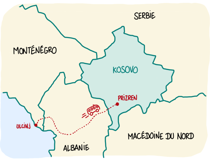 Carte du Kosovo et trajet depuis le Monténégro