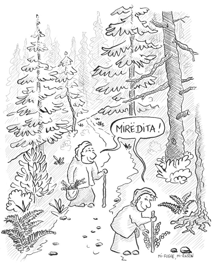 Dessin de deux petites vieilles qui ramassent des plantes dans la montagne du Kosovo