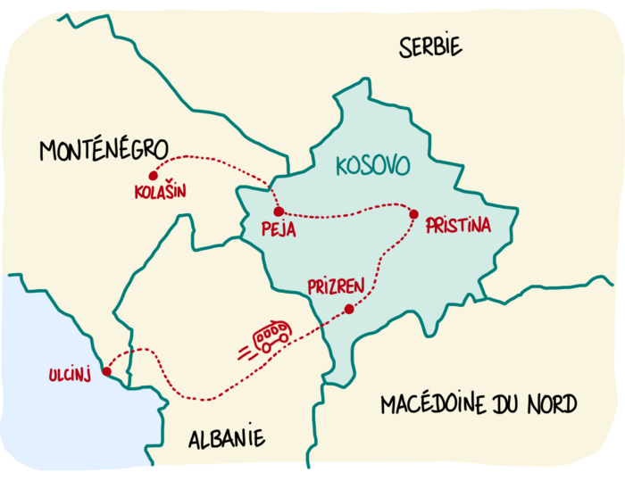 Carte de notre itinéraire de voyage au Kosovo