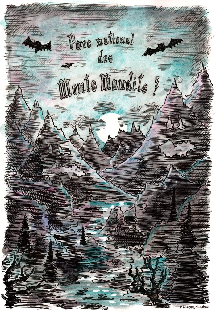 Dessin imaginaire du parc national des Monts Maudits au Kossovo