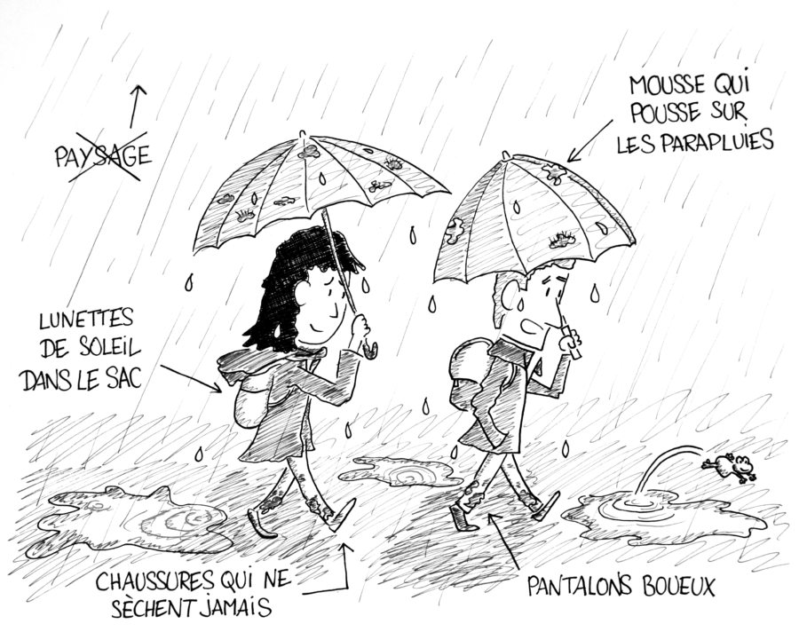 Dessin : touristes sous la pluie