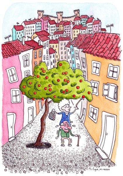 Dessin : petits vieux dans les rues d'Alfama à Lisbonne