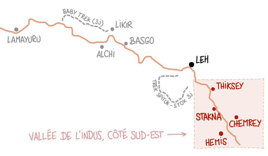 Carte des monastères du Ladakh au sud-est de Leh