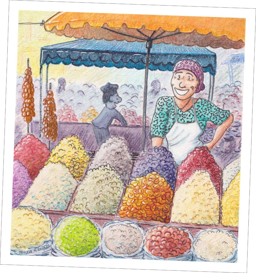 Dessin d'une vendeuse sur le marché de Tachkent