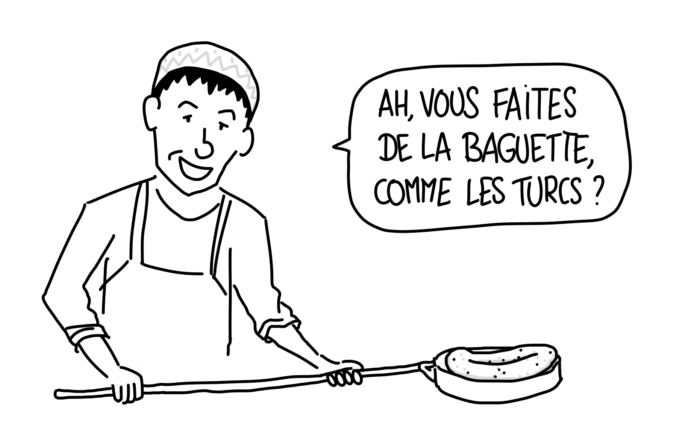 Dessin : boulanger ouzbek qui apprend que nous mangeons de la baguette