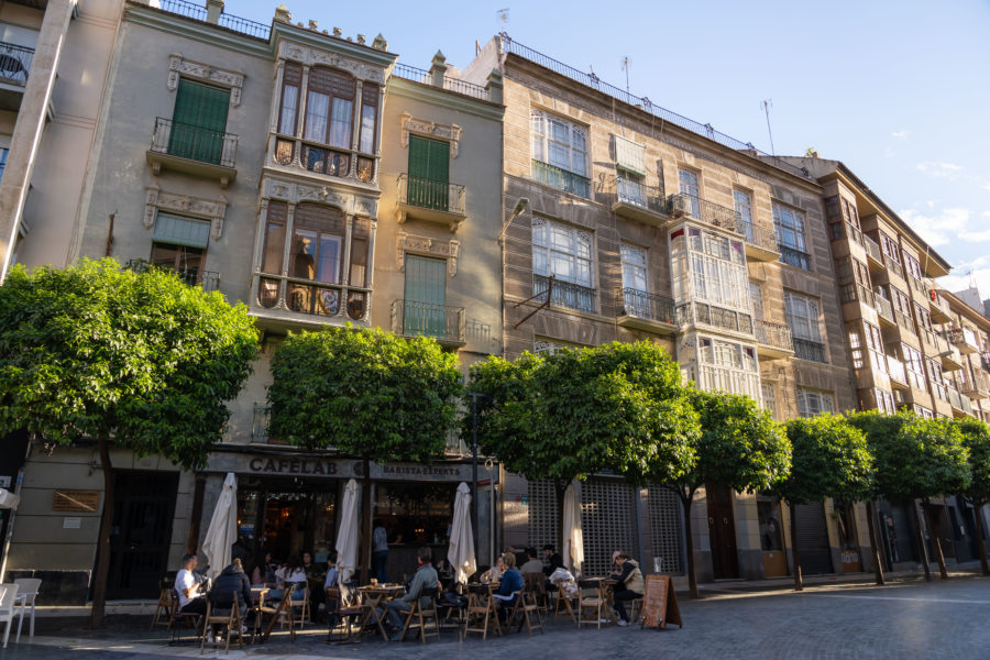Murcie en Espagne : terrasse de cafés et beaux immeubles