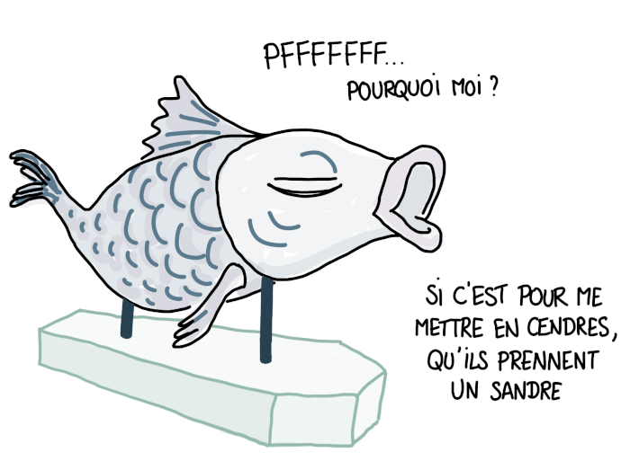 Dessin : sardine saoulée d'être brûlée chaque année